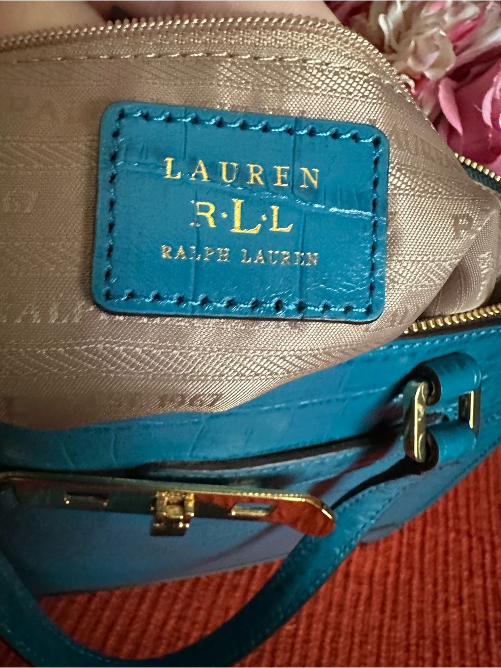 Ralph Lauren Turquoise Croc-Embossed Satchel with Gold Hardware - Picture 9 of 16
